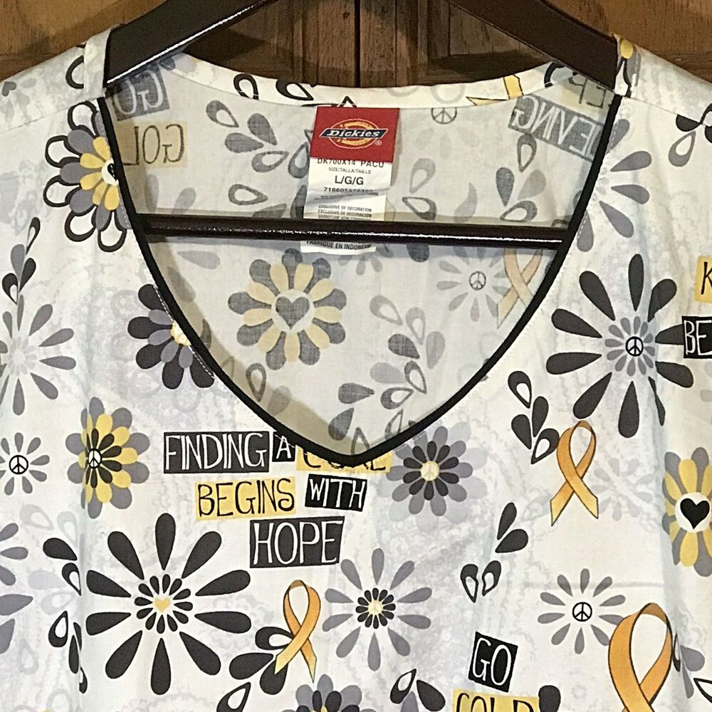 Dickies Cancer Cure Top Women's L Multicolor Cotton Poly SS Pockets V-Neck Scrub